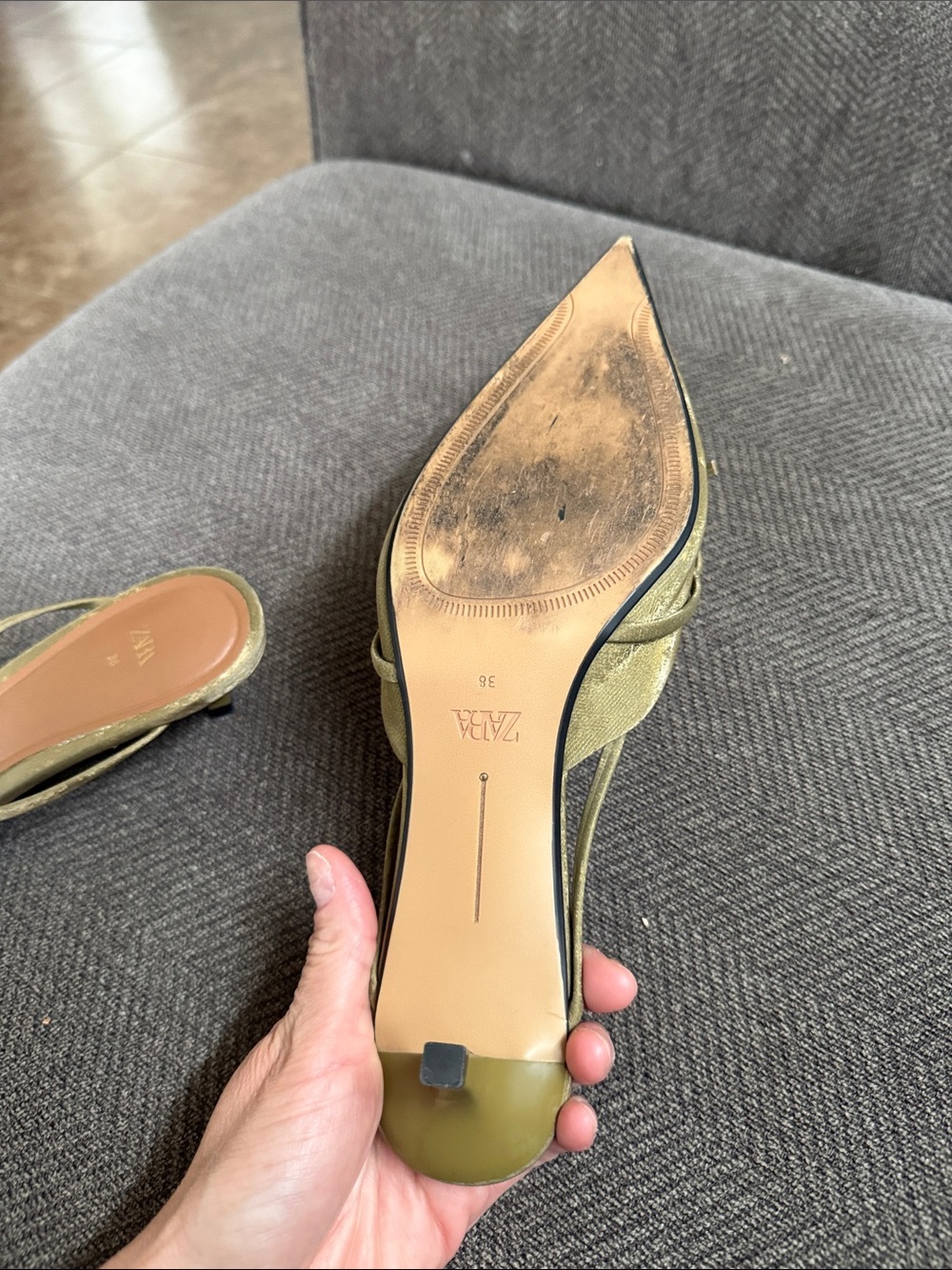 Zara Olive Green Velvet Pointed Toe Mules - Picture 8 of 9